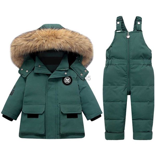 Down Ceket Toddler Kız Snowsuit 2 Parçalı Çocuklar Beyaz Ördek Aşağı Ceket Kış Kapşonlu Ceket +Kar Biberi Pantolon Bebek Erkek Erkek Rüzgar Geçirmez Kayak Takım HKD230725