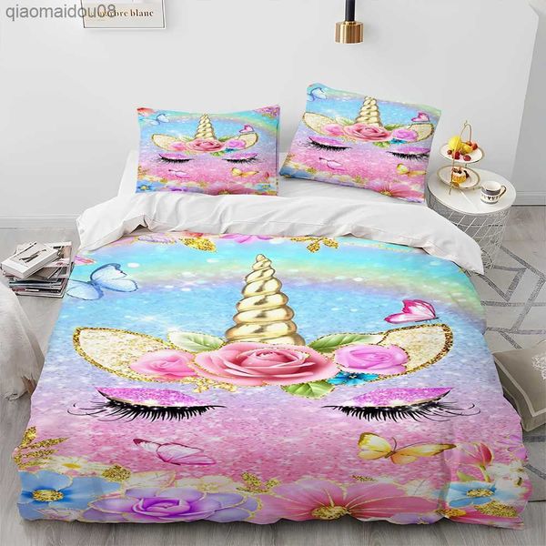 Cute Unicorn Cartoon Comforter Set biancheria da letto Copripiumino Set copripiumino Copripiumino Queen Set biancheria da letto per bambino Boy Girl Gift L230704