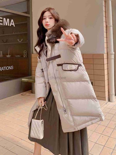 Piumino da donna Parka da donna Collo in vera pelliccia di volpe Cappotto caldo Lungo piumino Parka Cappotti di grandi dimensioni Piumino d'anatra bianco allentato coreano da donna Mujer HKD230725