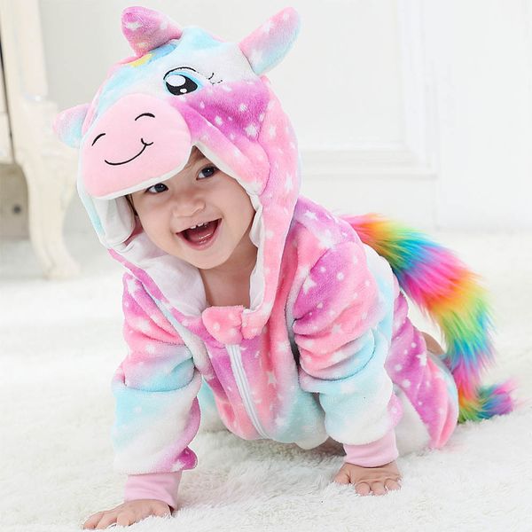 Macacões de bebê de inverno macacões de flanela macios infantis meninos e meninas macacão com capuz de desenho animado unicórnio pijama Kigurumi 230724