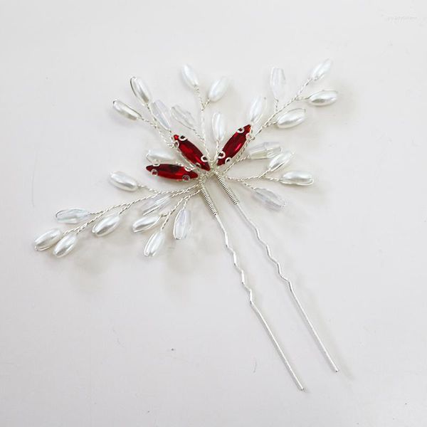 Fermagli per capelli Spille per piante color argento Accessori per gioielli da sposa Ornamento per la decorazione della testa di cristallo rosso Tiara di perle fatta a mano