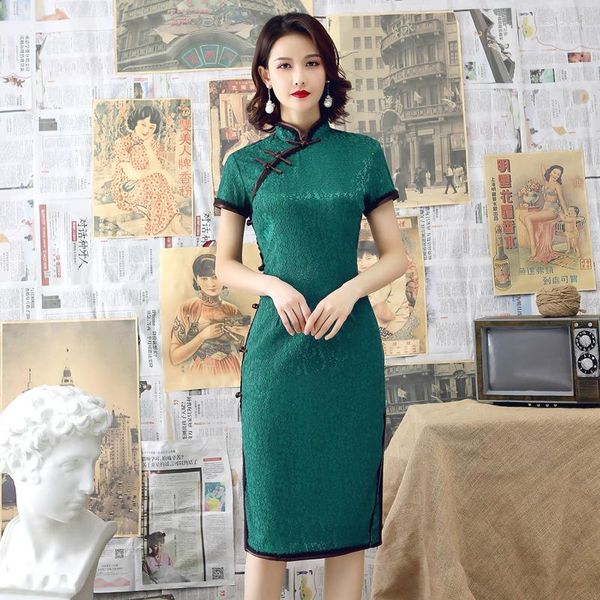 Abbigliamento etnico Sheng Coco Abiti da donna in pizzo Sera Estate Corto Qipao cinese 2023 Cheongsam Abiti moderni Verde Vestido Oriental