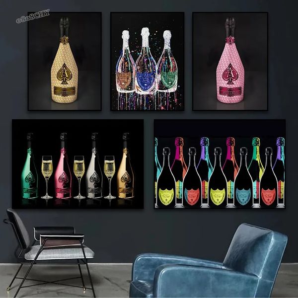 Moda luxo garrafa de champanhe pintura em tela impressões de arte impressão de arte de parede imagem luxuoso bar poster casa sala de jantar decoração w06