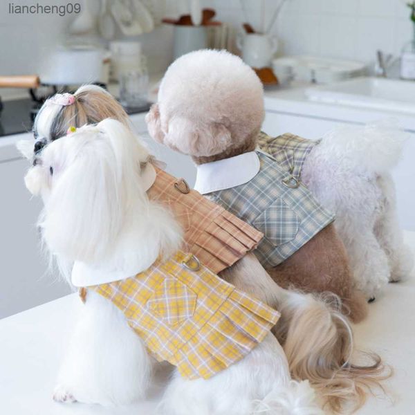 Primavera/Verão Xadrez Saia Peitoral para Cão Tulipa Laço Bichon Teddy Saia Curta Arnês para Cão e Conjunto de Coleira Acessórios para Cão L230620