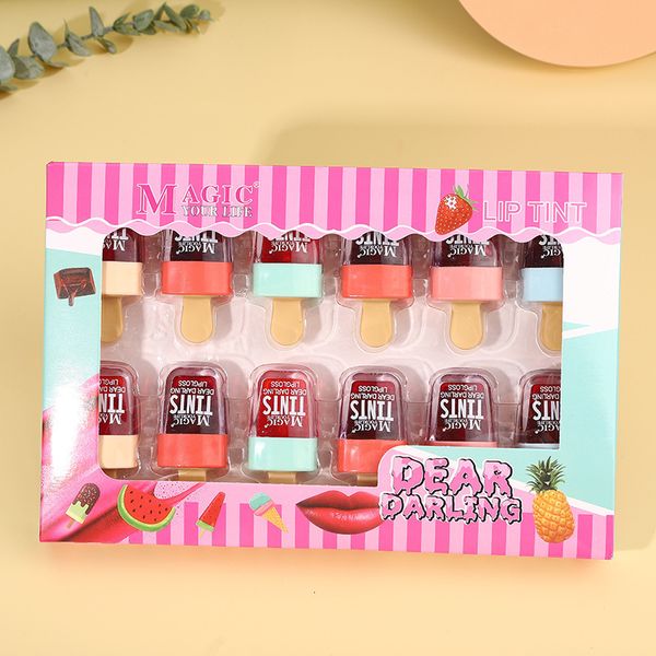 Balsamo per le labbra 12 Pz / set Cute Ice Cream Design Lip Stain Lip Water Tint Idratante Rossetto liquido Lip Oil Pigment Gel Makeup 230724