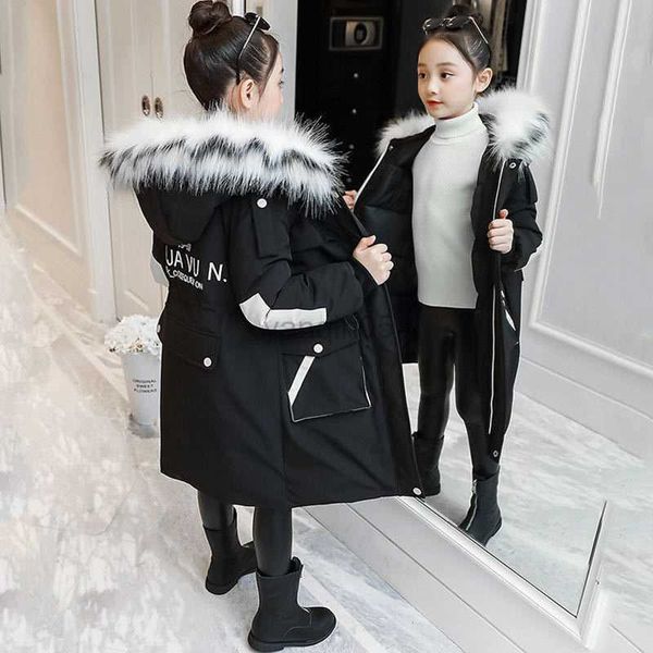 Piumino Parka Giacche imbottite Ragazze spesse Caldo Cappotto lungo invernale 2023 New Fashion Colletto in pelliccia Lettere Solid Kids Teenager Abbigliamento 120-160 HKD230725