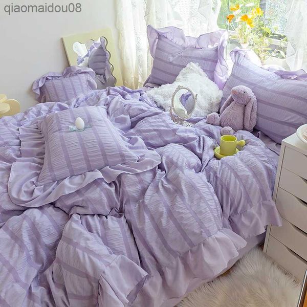 Set biancheria da letto principessa viola Set copripiumino in tinta unita di lusso Lenzuola Set lenzuola Twin Queen King Set donna Ragazza Kawaii L230704