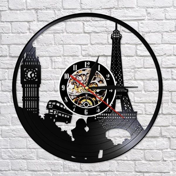 Wanduhren, Paris, London, Reise-Thema, Schallplattenuhr, Turm, Big Ben, einzigartiges Wahrzeichen, Kunst, Retro-Uhr