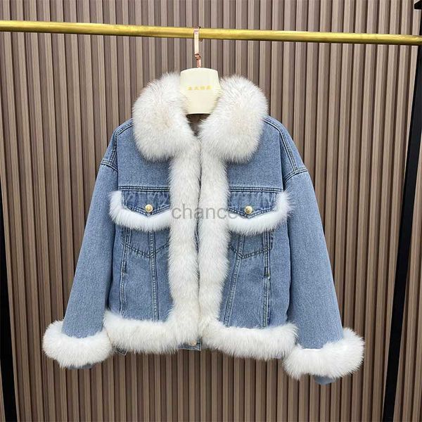 Kadınlar Down Parkas Kış Kadın Denim Beyaz Ördek Natrual Gerçek Tilki Kürk Yaka Lady Kore Moda Lüks Kadın Palto Dış Giyim HKD230725