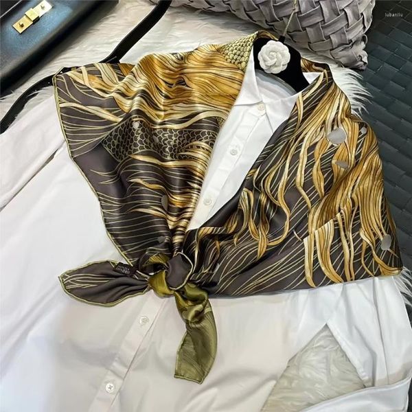 Шарфы bysifa | Черно -желтый чистый шелковый шарф Шаул, дамы, большой квадратный хиджаб осень женский зимний цветочный