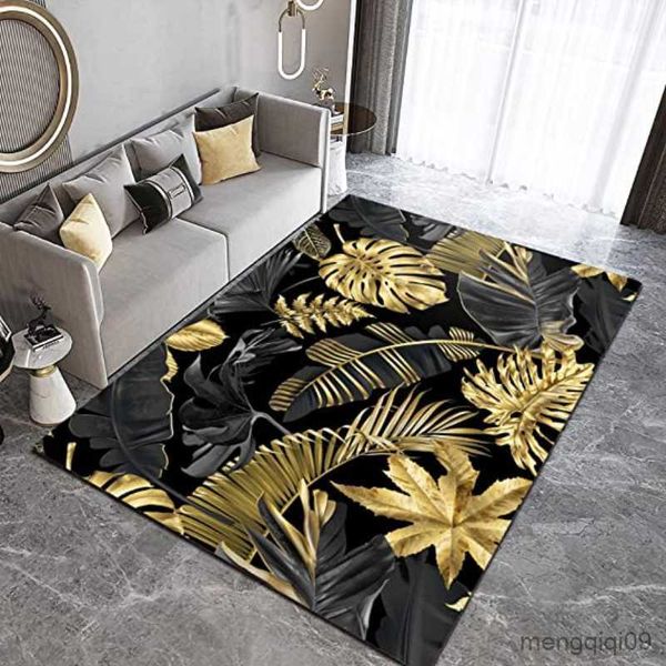 Tapetes Tapete de Folha Tropical Ouro Preto para Sala de Estar Decoração de Casa de Luxo Interior Antiderrapante Tapetes para Área Grande Corredor de Cozinha Tapete de Entrada R230725