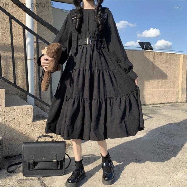 Grundlegende Freizeitkleider, Freizeitkleider, japanisches Harajuku-Damen-Schwarz-Midikleid, Gothic-Stil, Hosenträger, Verband, Vintage-Rüschen, lang, Baggy, Cosplay, Come Z230725