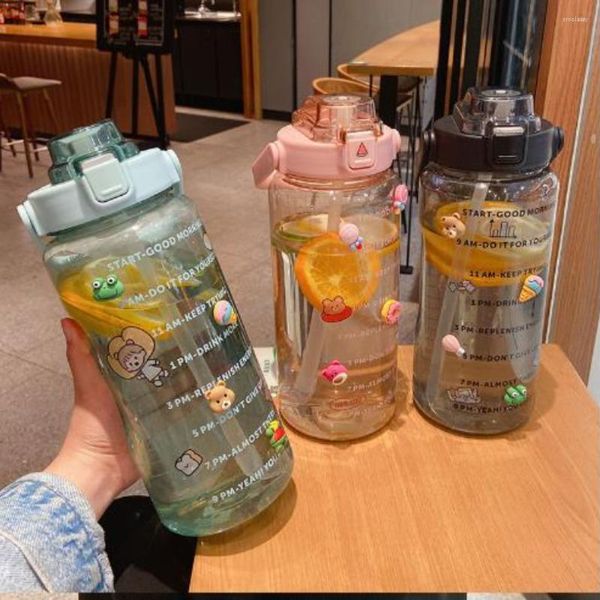 Garrafas de água com adesivos para beber, esportes, marcador de tempo, copos de plástico reutilizáveis portáteis para estudantes