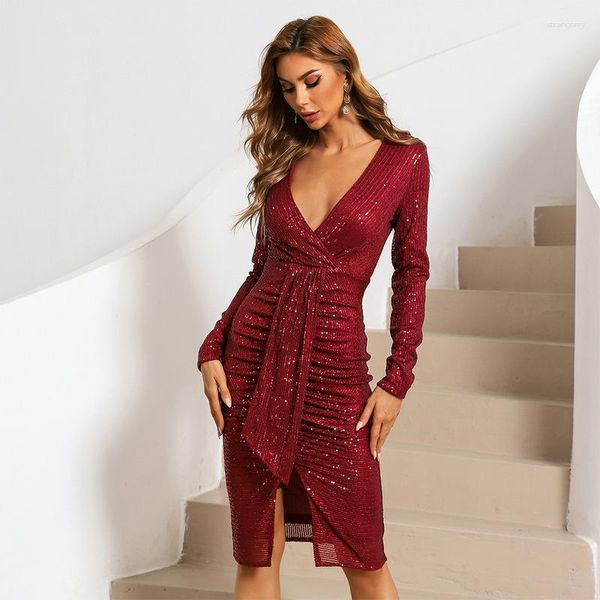 Vestidos de Festa Vermelho Decote em V Manga Longa Temperamento Justo Brinde de Casamento Banquete Lantejoulas Vestido de Noite Midi Justo Feminino Formal Sexy