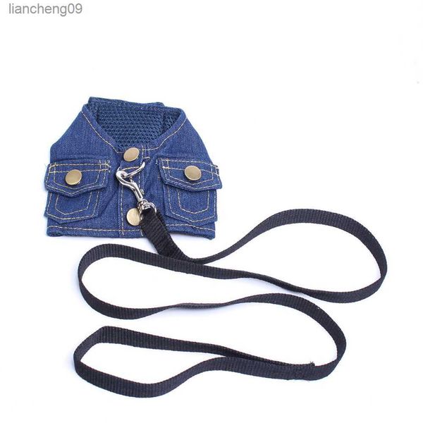 XKSRWE Hunde- und Katzen-Denim-Kontrollgeschirr, Leine, Haustier-Welpenweste, weiches Mesh-Gehhalsband, 2 Farben, 3 Größen, L230620