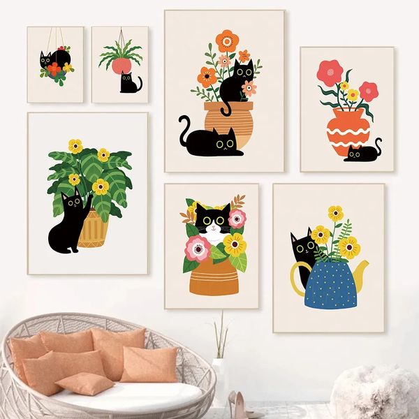 Modern komik kediler tuval boya bitki çiçek posterler ve baskılar duvar resimleri oturma odası için mutfak ev dekorasyon w06