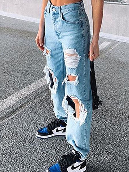 Jeans da donna strappati lunghi larghi da donna pantaloni estivi in denim grandi con foro alto e sottile