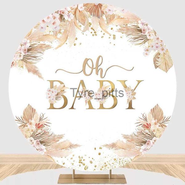 Material de fundo Mocsicka Bohemian Baby Shower Round Backdrop Oh Baby Boho Flowers Pampas Grass Photo Background Fotografia de estúdio Adereços Elástico x0724