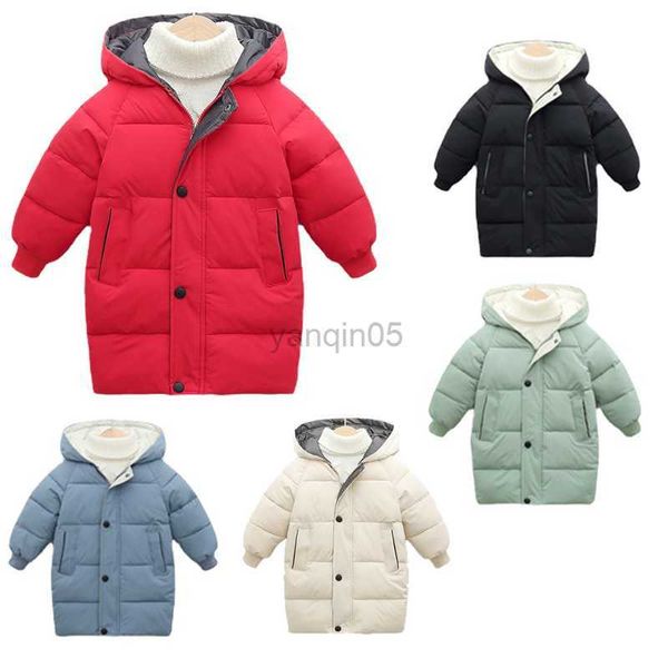 Piumino New Long Style Winter Girls Jacket tinta unita Keep Warm Princess Coat con cappuccio Zipper Capispalla per ragazze Natale Abbigliamento per bambini HKD230725