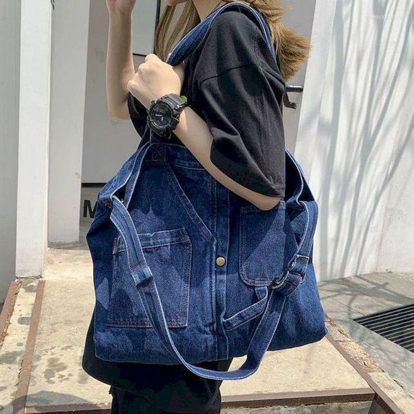 Bolsas de Cintura Foufurieux Denim Bolsa de Ombro Bolsa Feminina Jeans Japonês Lona Casual Múltiplos Bolsos Mensageiro Azul