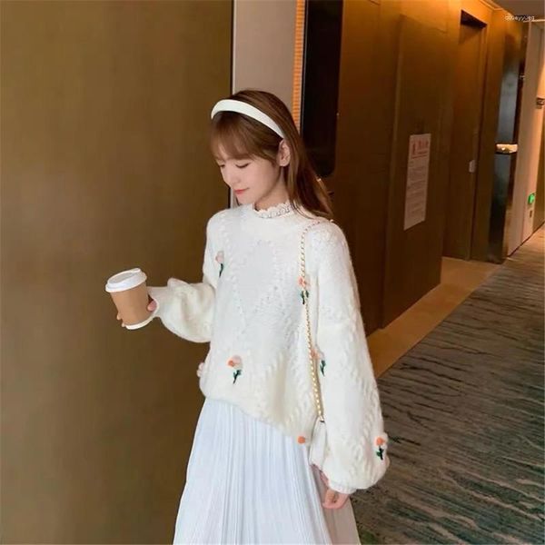 Suéter feminino com decote em O e estampa de flor e manga comprida suéter feminino solto casual coreano Y2K quente malha pulôver Harajuku largo vintage básico