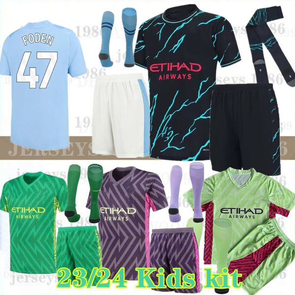 Kids 2023 2024 HAALAND Kits de futebol Fatos de futebol JERSEYS 23 24 GREALISH STERLING MANS CIDADES MAHREZ DE BRUYNE FODEN Kit de futebol adulto Meninos Goleiro 999