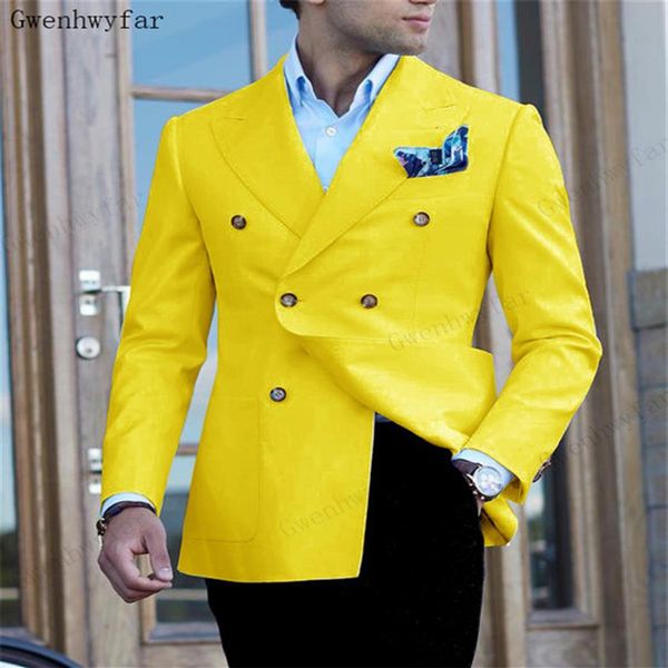 Bridalaffair Jackets Pants Double Breasted Suit Yellow Groom Wedding Suits Men Dress Suit Dinner Party Prom Suit Formal Busine249j