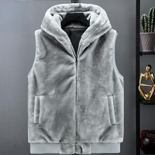 Coletes masculinos 2023 jaqueta sem mangas homens com capuz quente térmico witnter faux fur colete masculino plush flanela casaco fofo lã colete outono 230725