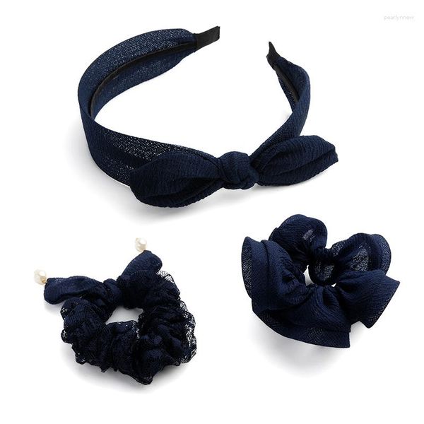 Saç klipleri Chimera moda aksesuarları 3pcs/set koyu mavi klasik yay kasnak bezi bağlar kafa bantları kadınlar için bantlar