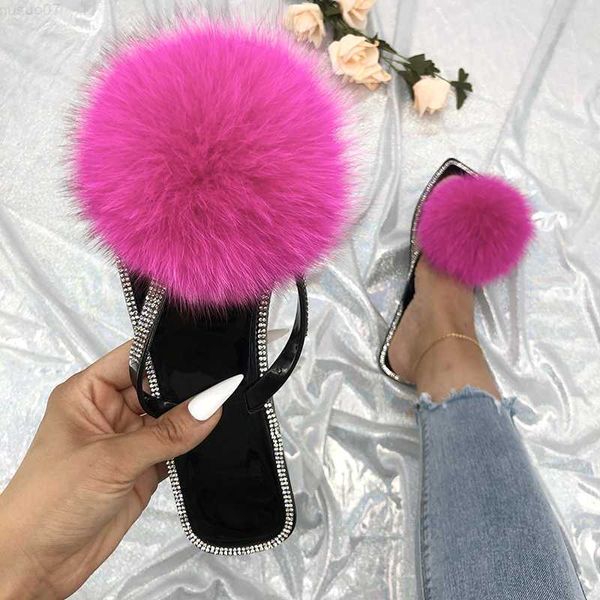 Тапочки пушистые шлепанцы обувь для женщин 2023 Летние роскошные тапочки Fox Fur Женские слайды в помещении обувь хрустальные черные слайды L230725
