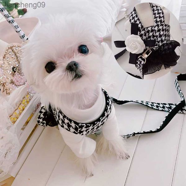 Haustier Hund Kleidung Hahnentritt Traktion Anzug Teddybär Ausgehen Weste Stil Kleine Hund Geschirr Leine Schwarz Weiß Plaid Haustier Zubehör l230620