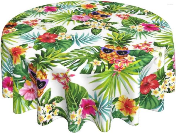 Toalha de Mesa Abacaxi Tropical Toalha de Mesa Redonda Folhas de Palmeira Lavável Reutilizável Capa Para Festa em Casa Piquenique 60 Polegadas