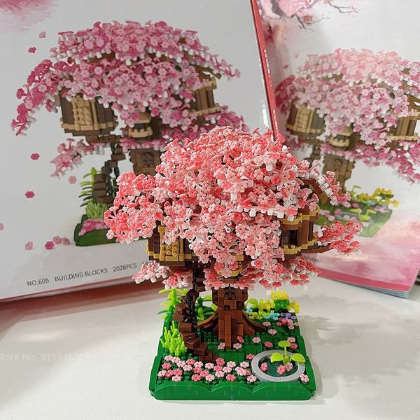 Action Toy Figures 3D Mirco Sakura Tree House Architecture Creative Block Street View Sakura Decoration DIY Brick Dia dos Namorados Toy Gift 230720