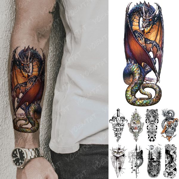 Wasserdicht Temporäre Tätowierung Aufkleber Drachen Ritter Spitfire Flash Tattoos Tiger Eule Wolf Körper Kunst Arm Gefälschte Tatoo Frauen Männer