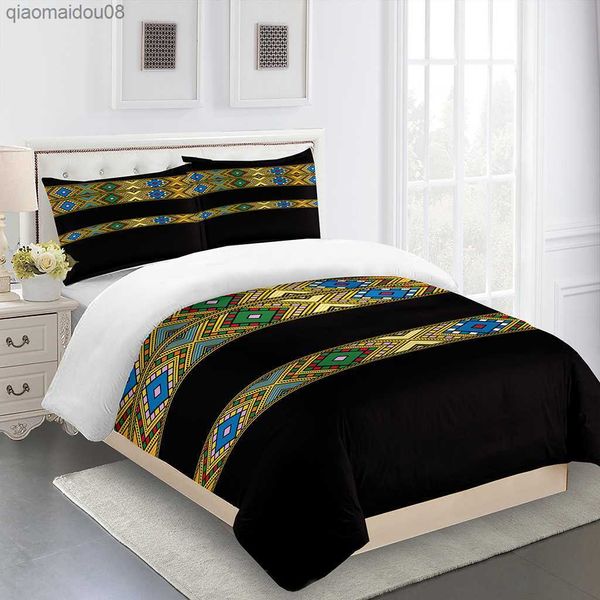 Stile europeo e americano stile bohémien marocchino biancheria da letto a righe in oro nero 3 pezzi Set di 1 copripiumino 2 custodie L230704