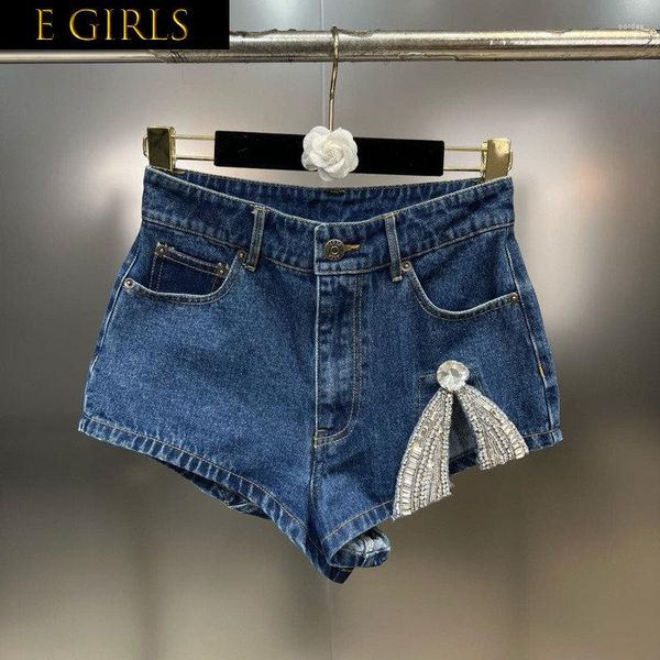 Jeans da donna E GIRLS 2023 Arrivo estivo Vita alta Fiocco di strass Blu Pantaloncini di jeans sottili Streetwear Donna Short GH955