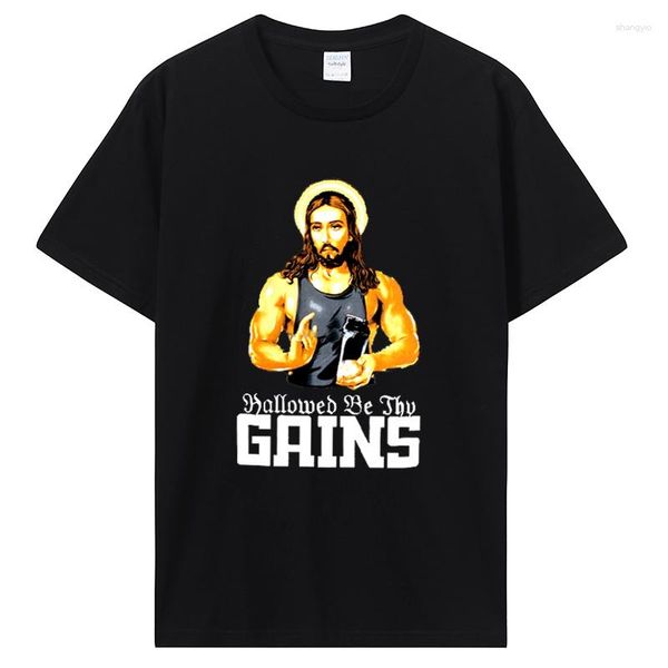 T-shirt da uomo Hallowed Be Thy Gains Tshirt Funny Muscle Jesus Weight Lifting Work Out Humor T-shirt Tempo libero Abbigliamento comodo Uomo Cotone