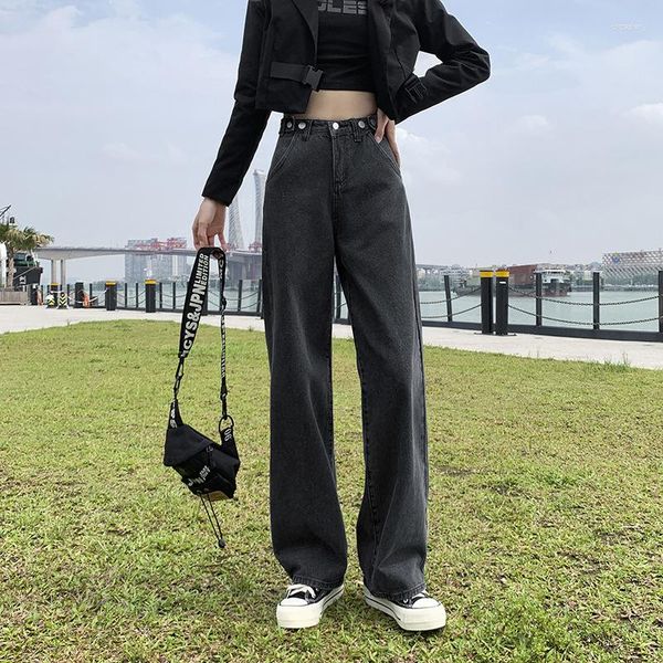 Damen Jeans Vintage Frau Hohe Taille Breites Bein Gerade Lose Denim Hose Mit Knopf Blau/Schwarz Mode Harajuku All-Match Streetwear