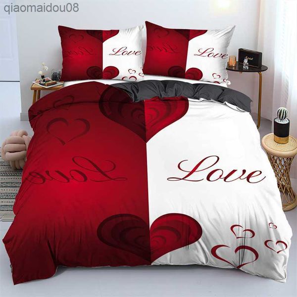 3D Love Heart Copripiumino Microfibra Luxury Romantic Theme Bedding Set King Queen Per coppia Regali di San Valentino Decorazioni per la camera da letto L230704