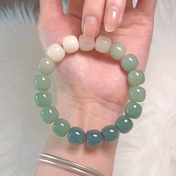 Charm Bracelets Pulseira com miçangas elásticas para mulheres Transparente Gradient Green Beads Handle Imitation White Jade Plate Joias Gift