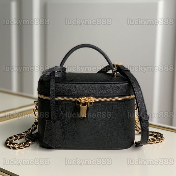 10A Designer-Mini-Kosmetikkoffer in Spiegelqualität, 19 cm, Damen-Handtasche aus echtem Leder, schwarz, Luxus-Griff, geprägtes Muster, Handtaschen, Umhängetasche, Schultergurt, Box-Tasche