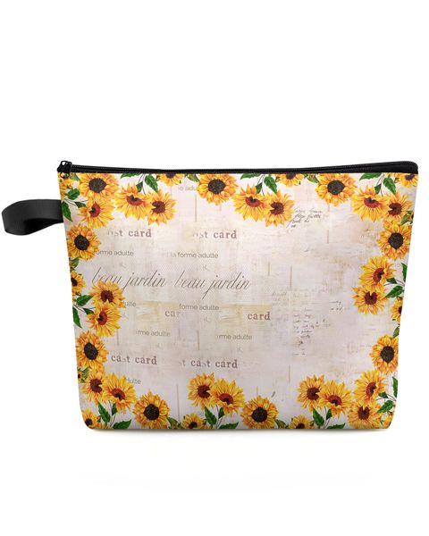 Fattoria Retro Fiore Girasole Borsa cosmetica da viaggio di grande capacità Custodia portatile per trucco Custodia per matite impermeabile da donna