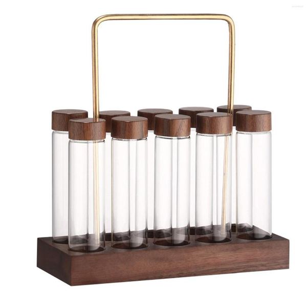 Bottiglie di stoccaggio 10 fiale e coperchi dosatori in vetro con supporto in legno Contenitori per chicchi di caffè per gli amanti dei regali di compleanno