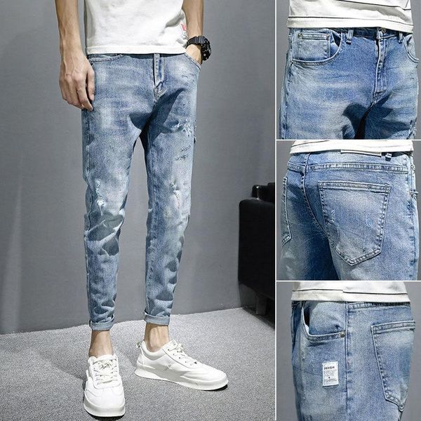Pantaloni da uomo all'ingrosso 2023 moda uomo estate coreano slim fit piedi piccoli fori elastici casual jeans skinny uomo