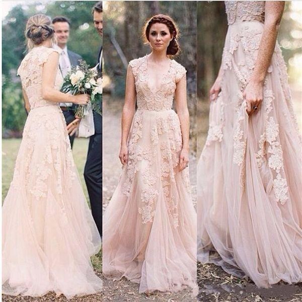 2019 Blush Renda Vestidos de Noiva Decote em V Mangas Reem Acra Puffy Vestidos de Noiva Vintage Country Jardim Linha A Comprimento até o Chão Casamento210r