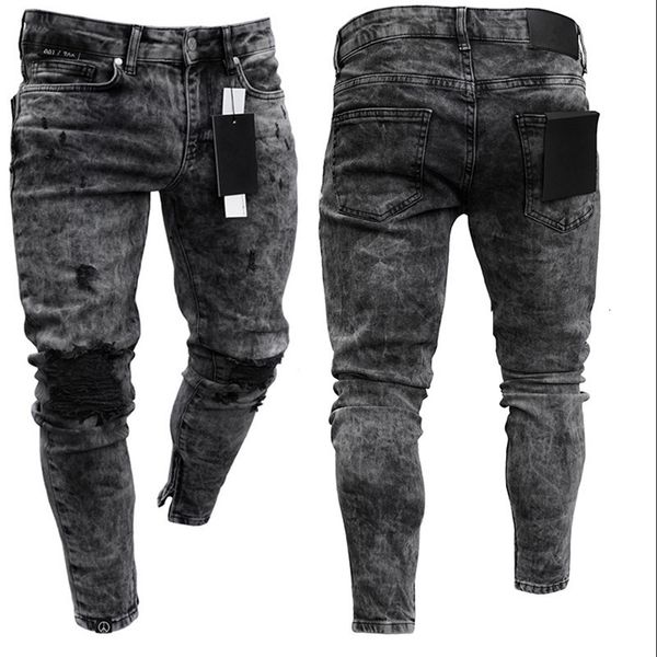 Jeans masculino Biker desgastado Stretch Rasgado Hip Hop Slim Fit Buracos Punk Zíper Cor Pura Calça Jeans 230724