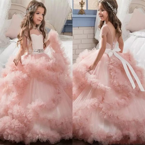 Vestidos de meninas de flor rosa de designer exclusivo 2017 vestidos de baile com babados em cascata longos vestidos de concurso para meninas MC12902588