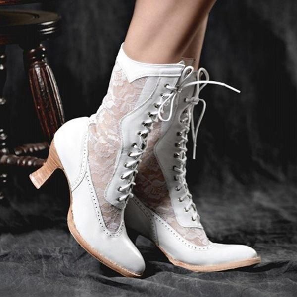 Stiefel Femme Zapatos Frauen viktorianischen spitzen Zehen Mittelkalb Stiefel Leder Spitze aushöhlen Punk Schnürung seltsame High Heel Schuhe Plus Size43 230724