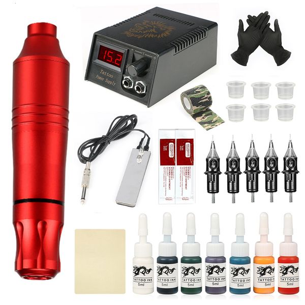 Macchina per tatuaggi Kit per tatuaggi Fornitura di macchine professionali Set di penne a inchiostro rotante per tatuaggi Aurora Mini LCD Alimentatore 5 pezzi Scatola di carta Ago per arte umana 230724