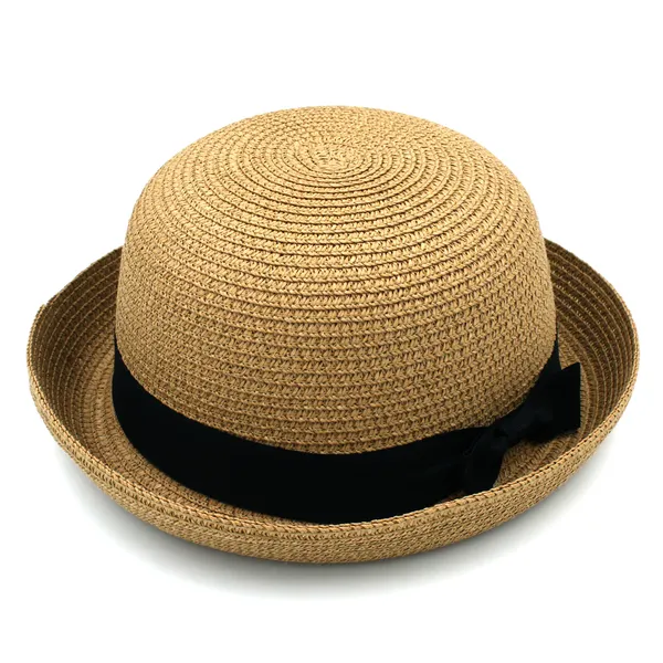 Chapéus de palha de verão chapéu de sol chapéu-coco gorro de praia feminino com fita preta de laço